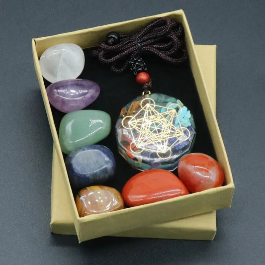 Seven Chakra Sacred Crystal Set – Healing Stones + Energy Pendant